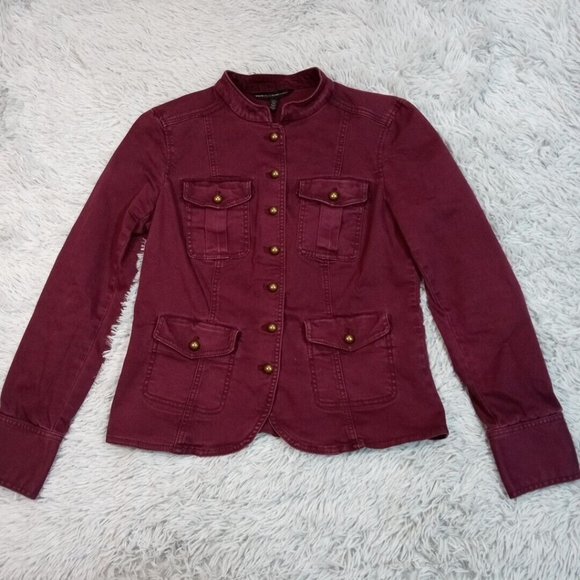 White House Black Market Womens Shirt Red 6 Button Up Utility Military Top - Picture 1 of 13